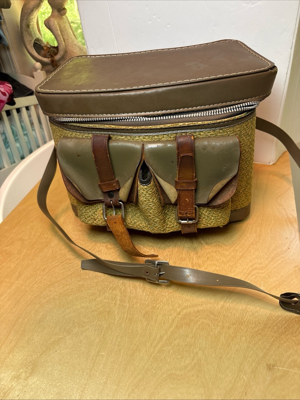 Vtg Camera Bag Green Leather Tweed Japan Saddlebag